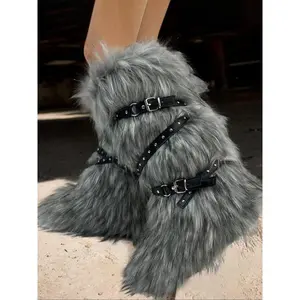 Women’s grey faux-fur snow boots with a belt detail, fashionable round toe slip-on knee-high boots for fall and winter, warm and comfortable shoes for daily wear, Valentine’s Day gift, winter boots, footwear