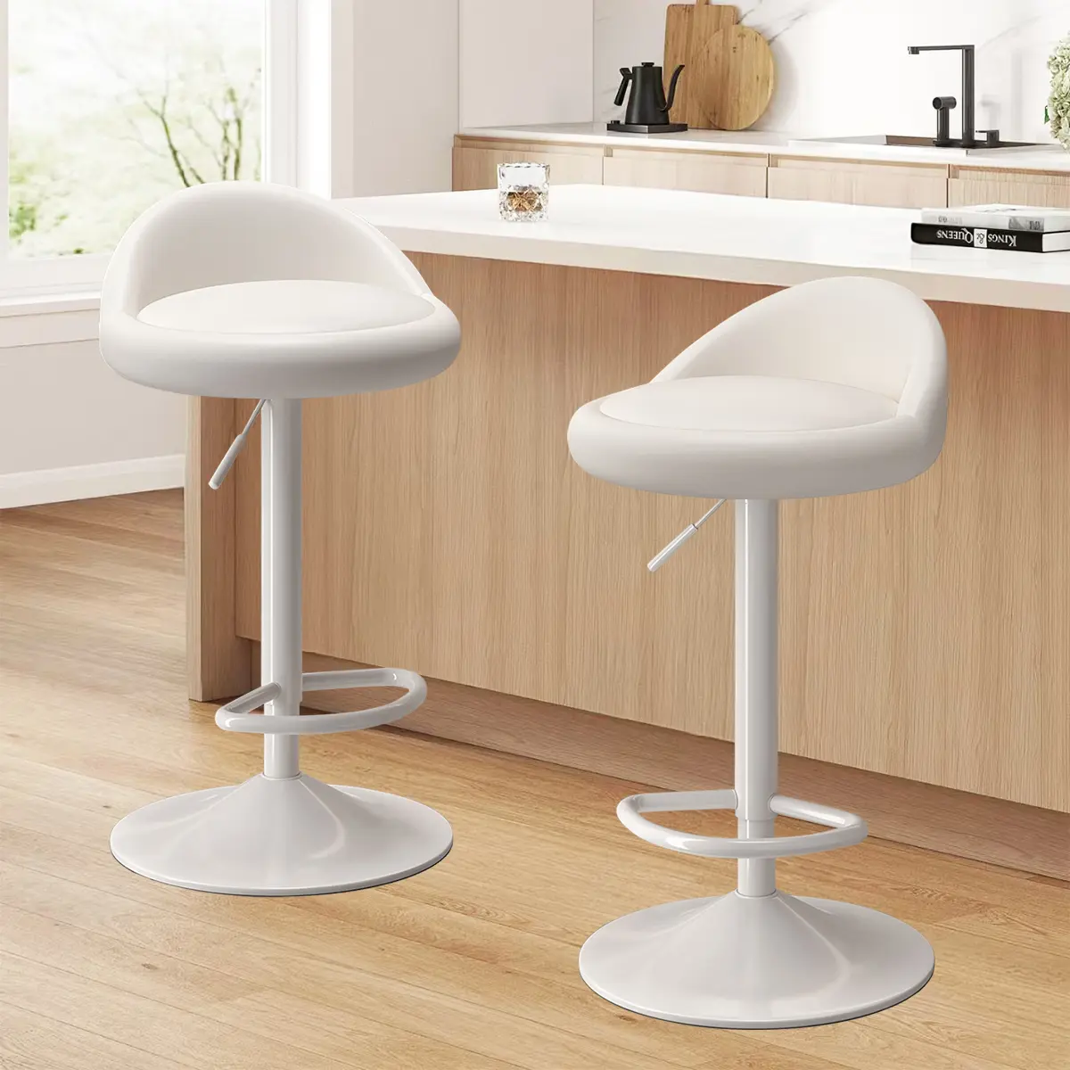 【Summer Sale】2-Piece Modern Armless PU Leather Swivel Height-Adjust Rolling Swivel Chairs for Home Bar, Kitchen Island, Dining; Assembly Required