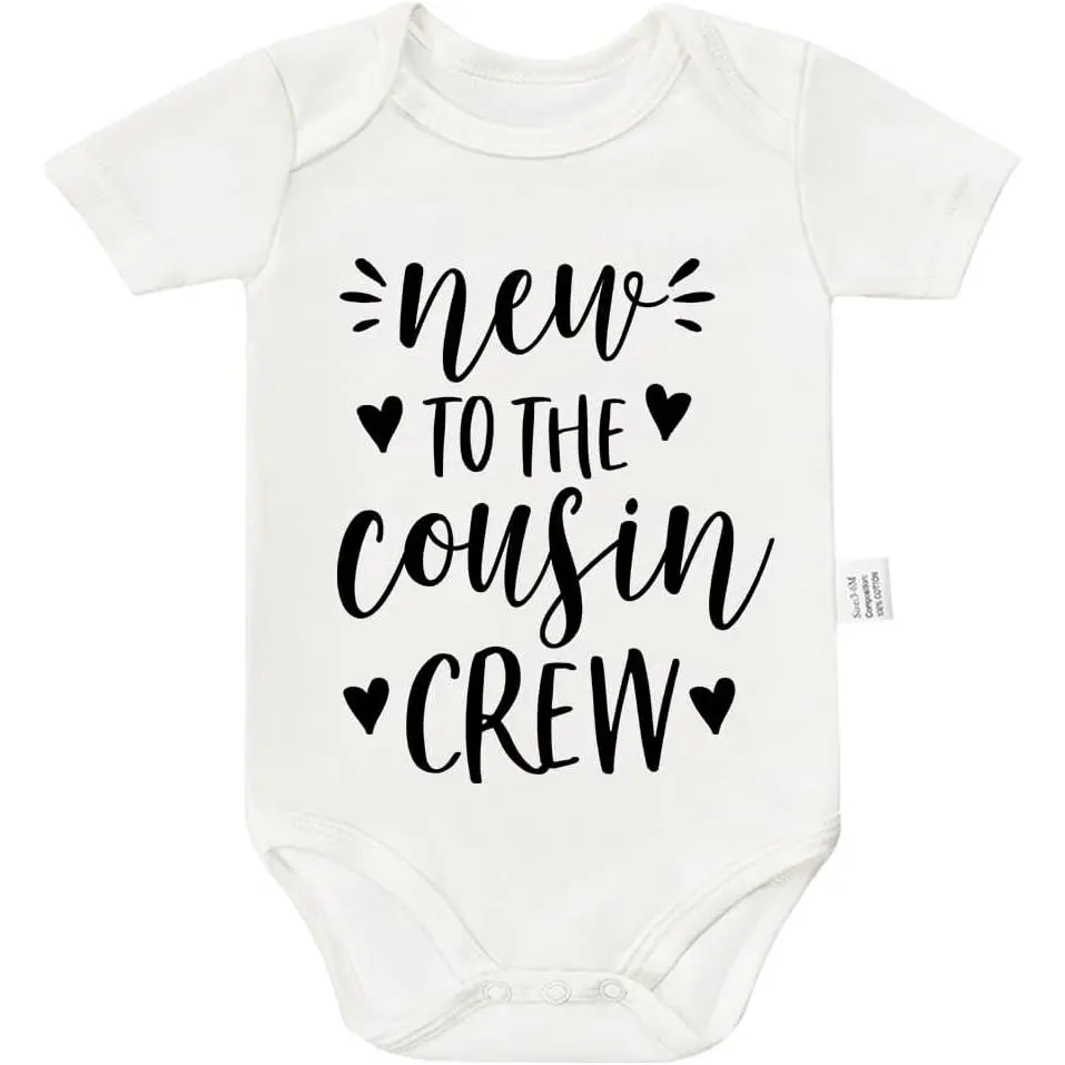 Unisex Cotton Crew Neck Short-Sleeve Graphic Bodysuit - Funny "New to the Cousin Crew" Fun Themed, Machine Washable Baby Bodysuit for 0-24 Months Newborns, 9-12 Months Infants, Fun Themed Bodysuits, Bodysuit Clothes
