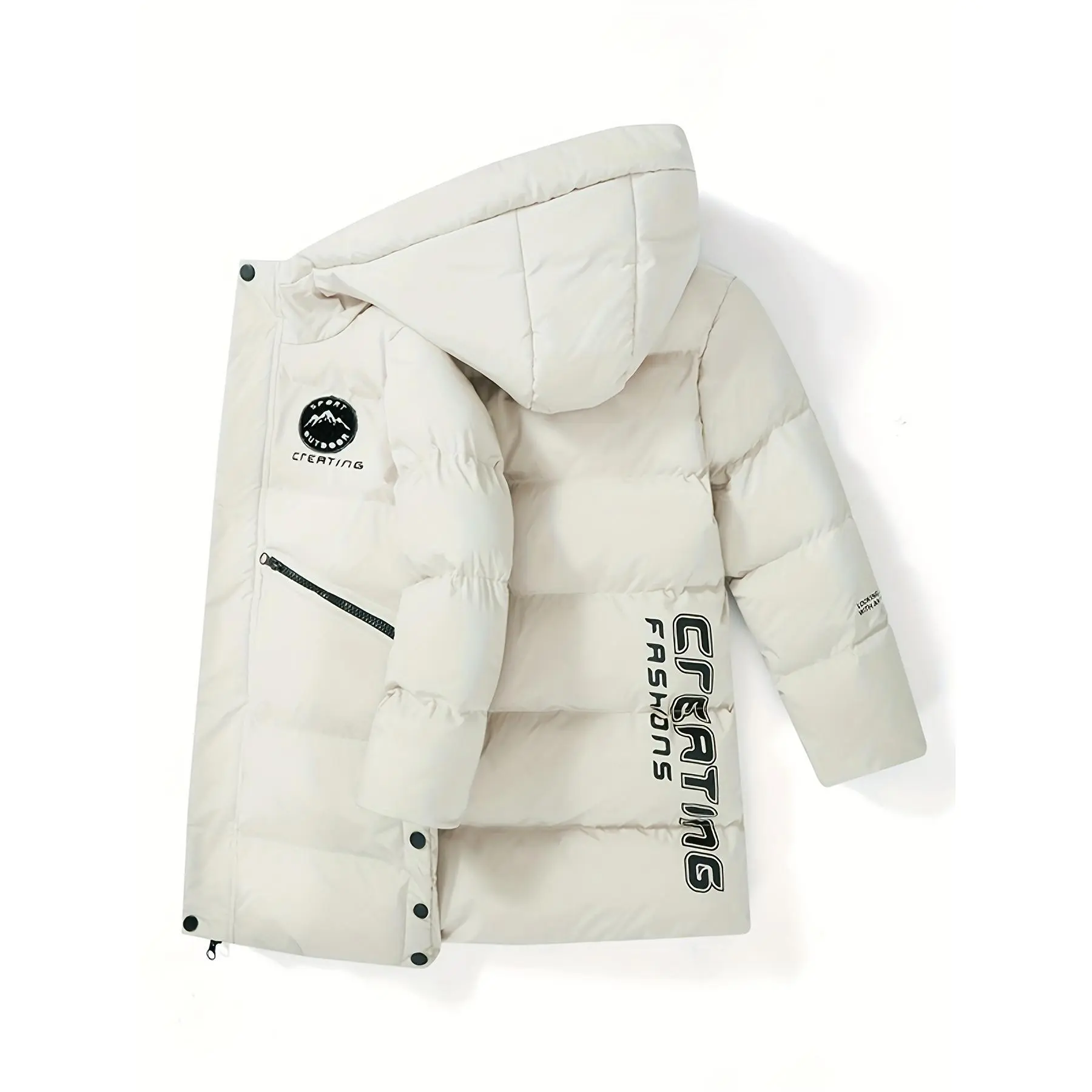 Boys' Mid-Length Winter Coat - Thickened Hooded Jacket with "CRATINGS" Logo, Zip-Up Front, Pockets, and Adjustable Hood Cold Weather, Winter Coat Boys, Winter Outerwear, Durable Winter Wear
