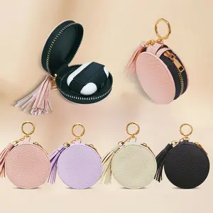 Round Litchi Pattern Tassel Zipper Faux Leather Headphone Storage Bag Headphone Case Suitable for AirPods Pro 3/Pro/Pro 2 Full Cover Earbuds Case for AirPods 1/2/3/4 Generation Headphone Protective Cover One Size Headphone Pouch
