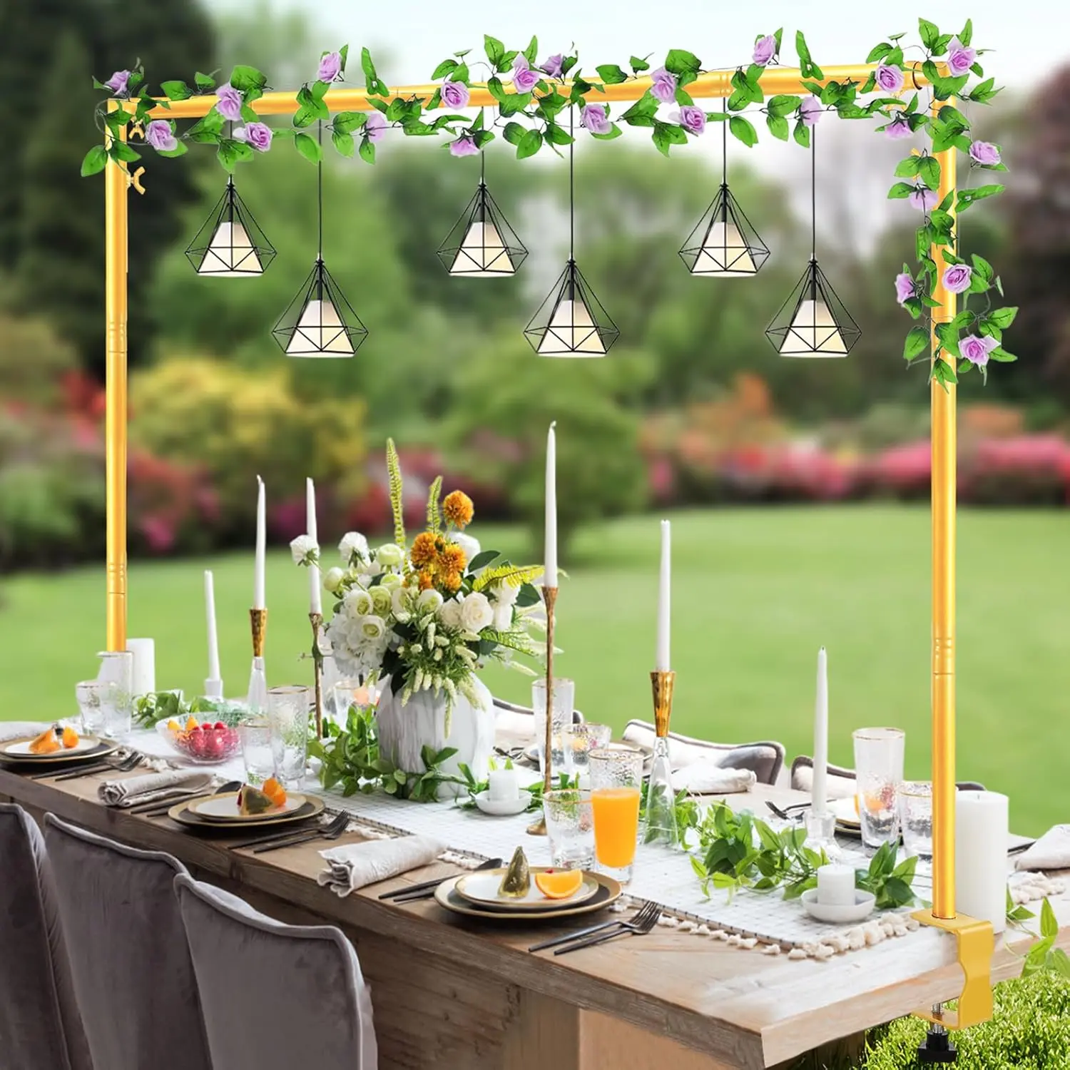 Over The Table Rod Stand with Clamps, Adjustable 32"-102'' Length 14"-56" Height Metal Gold Table Arch Hanging for Wedding Birthday Party Halloween Christmas Anniversary