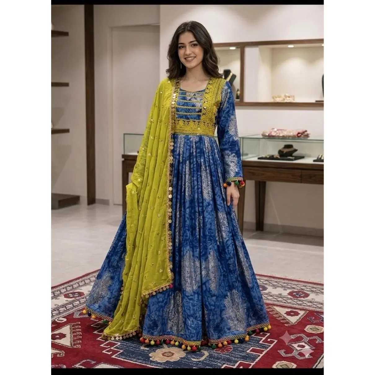 Elegant Blue Anarkali with Yellow Dupatta Size L Traditional Indian Attire
