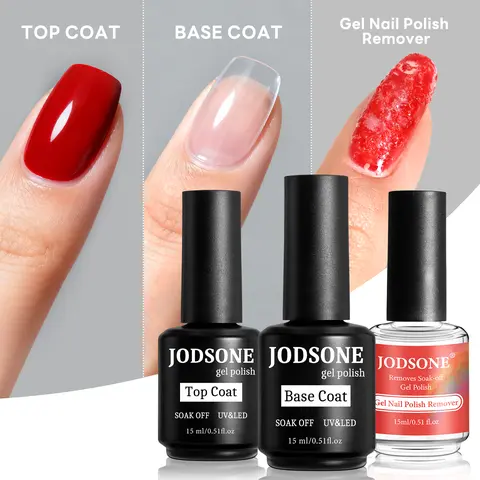 JODSONE Cute 3-Piece Nail Care Art Kit - 15ml Each Quick Removal Gel Remover, Glossy Base Coat, Top Coat, Light Odor, Glass Finish, Peeling Support, Better Colouring (Works on UV, Plastic Nails, Acrylic & Polish, Wait 3-5 Min)