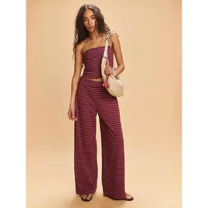 Women's Striped Print Crop Tube Top & Wide Leg Pants Set, Street Fashion Casual Fitted Sleeveless Two-piece Set for Daily Wear, Ladies Summer Clothes, Womenswear, Casual Matching Set, Go Out Sets, Cute Summer Outfit