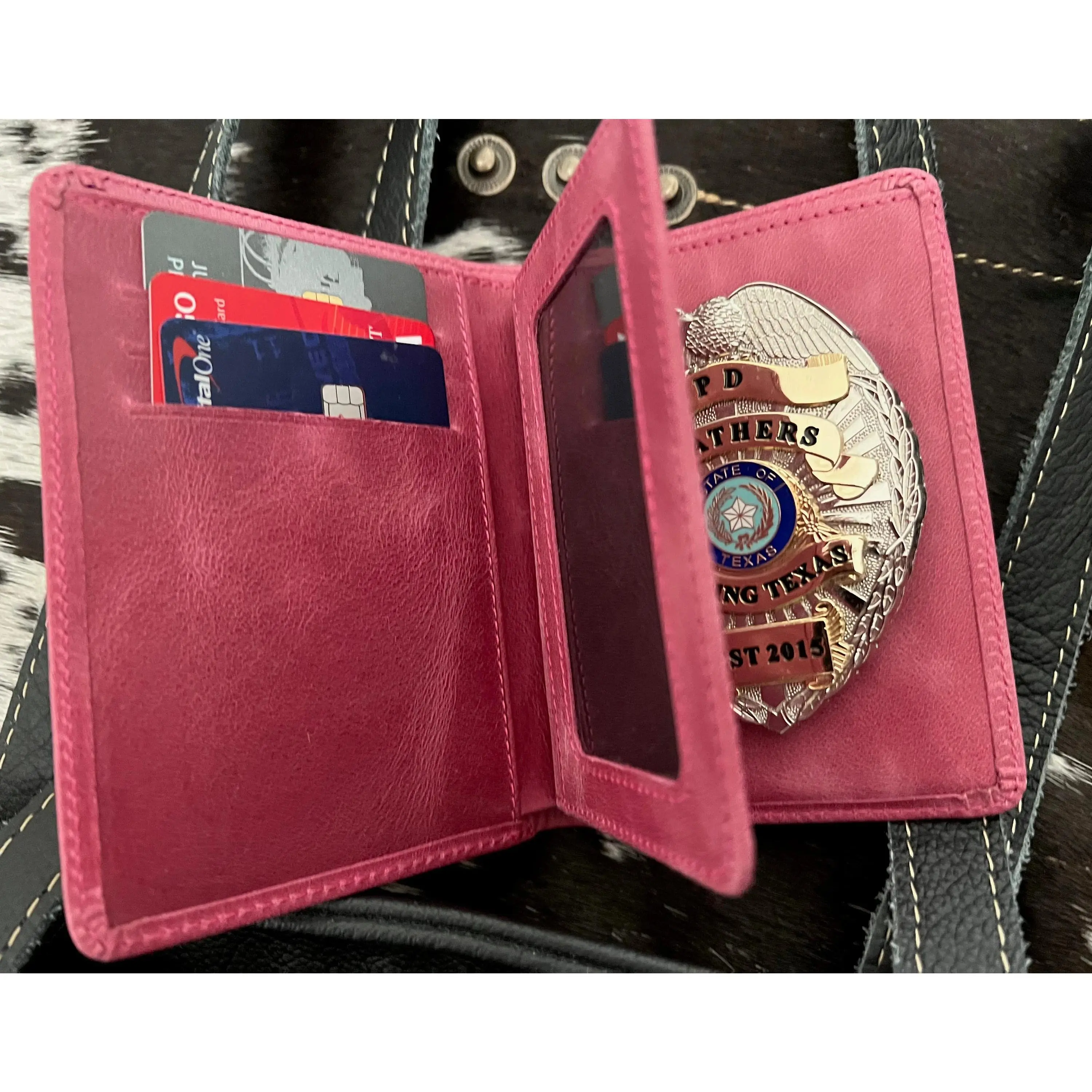 Police Badge Wallet  All Leather Universal Fit-Dusty Rose Pink-For Pin and Clip Back Badges