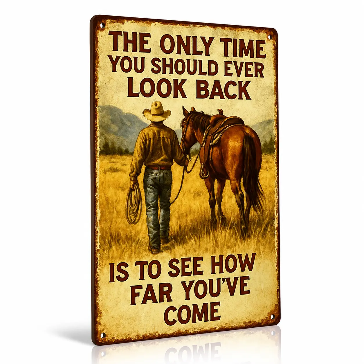 Vintage Western Cowboy Horse Metal Artwork Sign, Lightweight Rustic Farmhouse Hanging Decoration, Inspirational Quote Tin Plaque, Country Home Decor Gift for Living Room & Garage