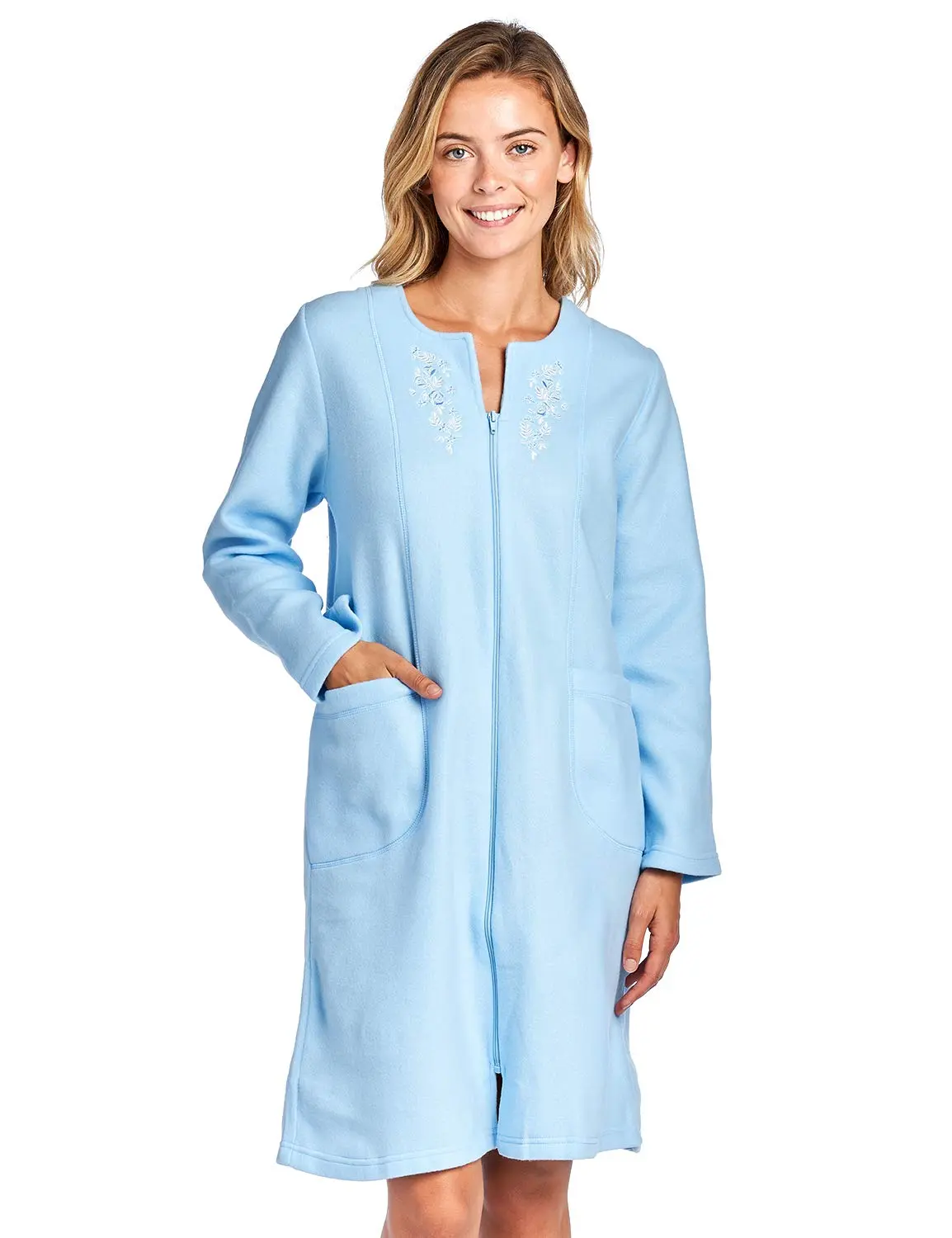 Casual Nights Women's Smooth Fleece Zipper Robe with Embroidered Flowers, Long Sleeve Loungewear Housecoat, Embroidery, Bathrooms, Gyms, All Seasons, Nightwear, Lightweight, Bathrobe