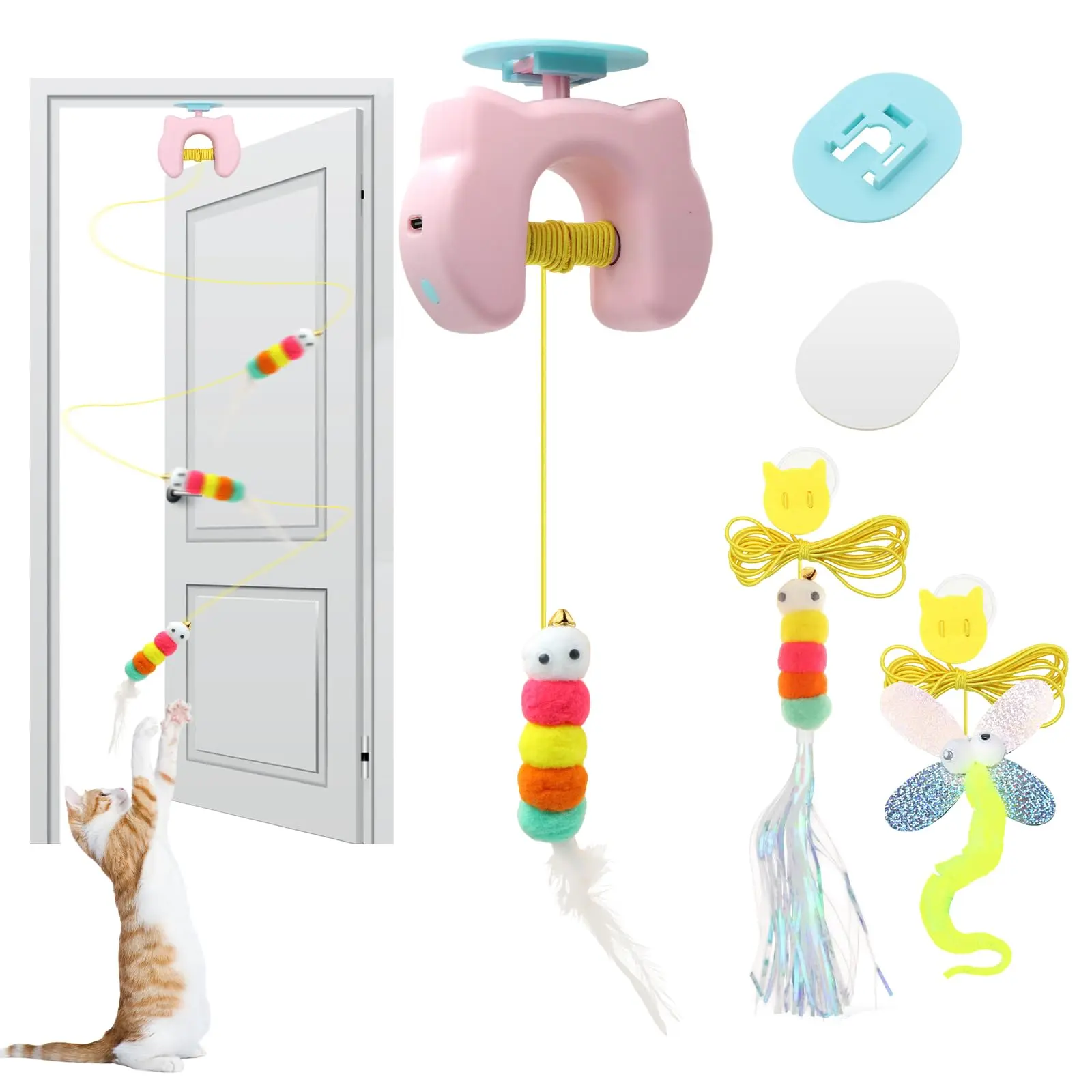 Cat Toys Interactive, Kitten Hanging Toys for Indoor Cats with 1*Caterpillar & 2*Flying Bird Toy, Automatic Door Frame Cat String Toy for Bored Indoor Adult Cats,Detachable,Rechargeable Design