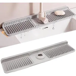 24 Inch Silicone Faucet Splash Guard, Water Draining Sink Mat with Fasten Button Design, Anti-Slip Drain Pad & Kitchen Counter Protector, Gray Sink Cover for Bathroom RV Use