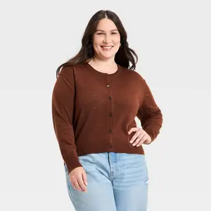 Women's Button-Up Pointelle Cardigan -  A New Day Brown 3X