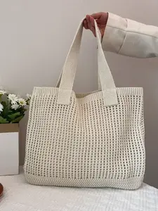 Women's Knitted Tote Bag, Casual Tote Bag, Summer Beach Vacation Hollow Out Sand Bag, Solid Color Large Capacity Knit Bag, Boho Style, All Seasons