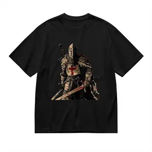 Men's Templar Warrior Graphic T-Shirt, Black Cotton Sword Shield Cross Print Round Neck All-Season Detailed Printed Casual Top
