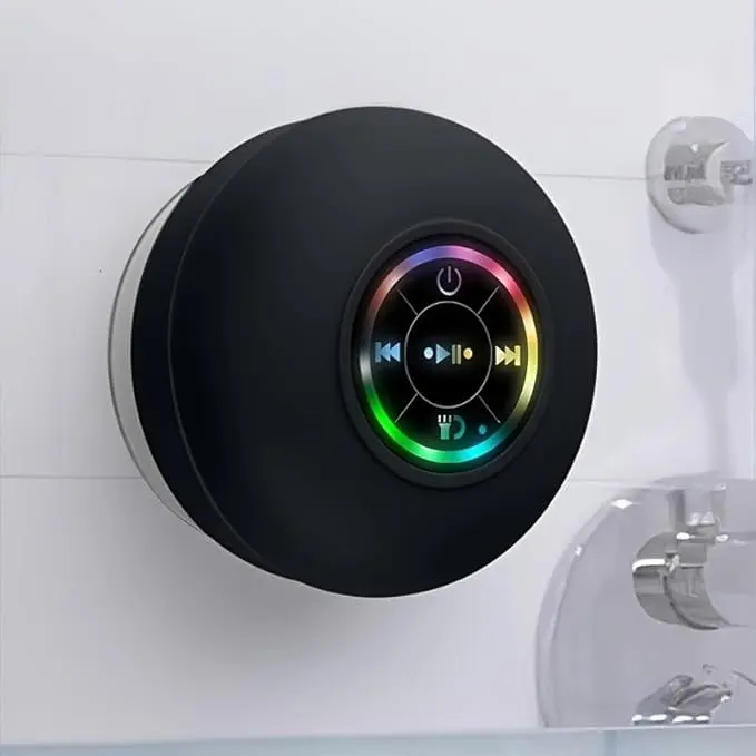 Multifunctional Wireless Shower Speaker - Portable Waterproof IPX4 Dustproof Silicone Shell, Large Suction Cup, FM, LED Lights, Steam-Ready Sound, Stereo Audio (Black)