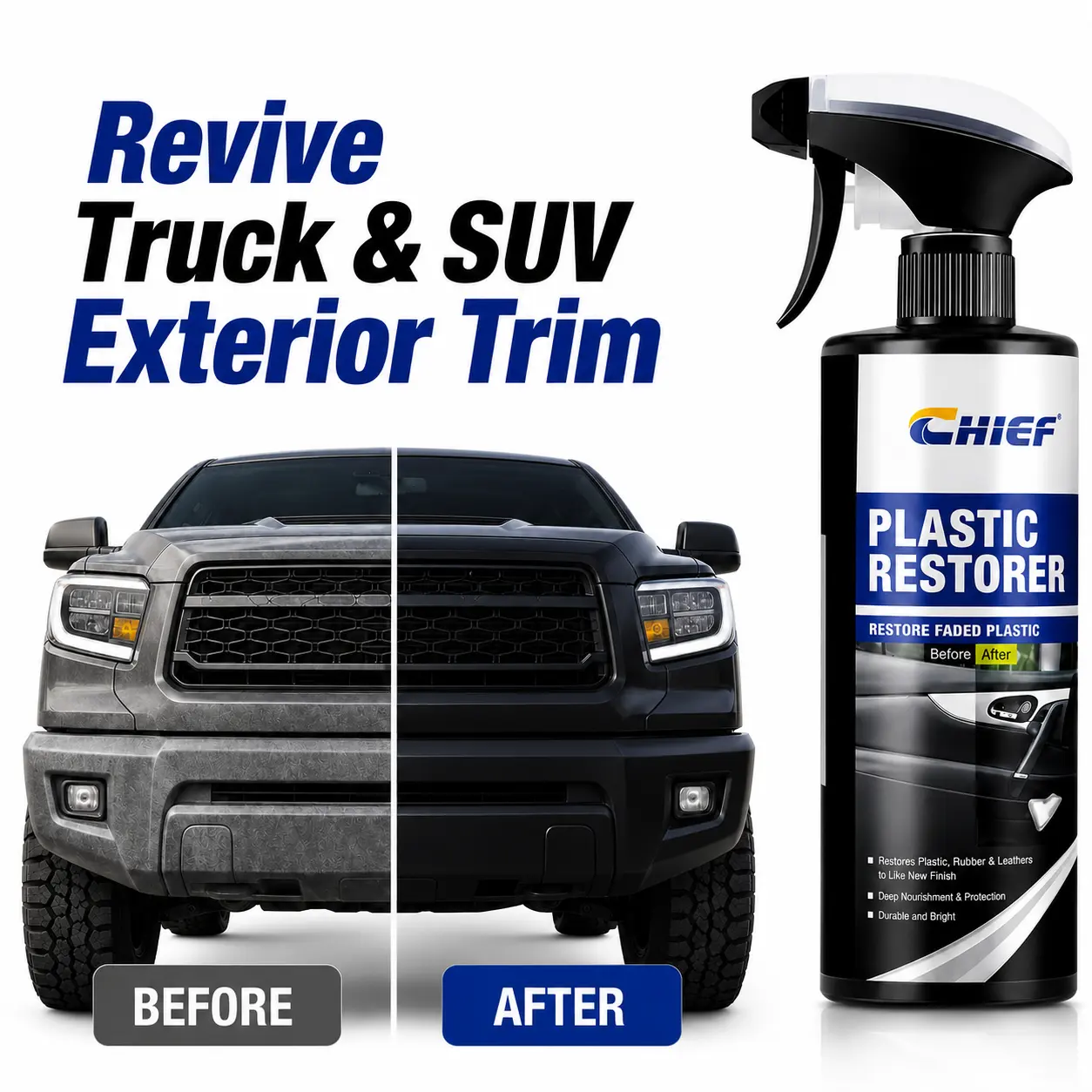 CHIEF 3-In-1 Plastic Restorer Spray, Truck SUV and Jeep Plastic Restorer, Black Trim Restorer for Bumpers, Fender Flares, Step Bars and Exterior Cladding#truck plastic restorer  #SUV trim restorer #Jeep trim restorer #fender flare restorer