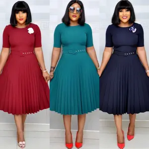 Summer Autumn Women's Pleated Dress Mid Length A Line Tight High Waist Slim Round Neck Short Sleeve Elegant Party Work Vestidos Check Formal Red Green Navy Blue