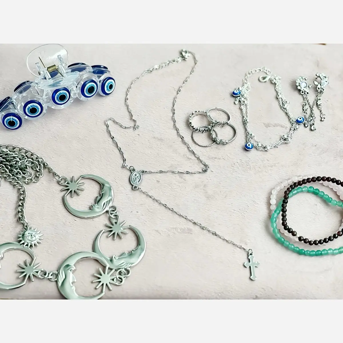 Silver Queen Box: includes Rosary Necklace, Celestial Earrings, Evil Eye Hair Clip, Moon & Stars Belt, Evil Eye Anklet, Angel Aura Crystal & Chalcedony Crystals Bracelets with Green Adventurine, Rose Quartz, Almandine affordable