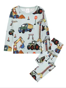 Round Neck Long Sleeve Pajama Set, Construction Truck Pattern, Excavator Cartoon Print, Fashion Casual Home Wear
