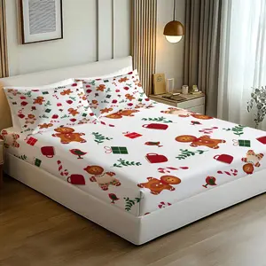 3Pcs Festive Christmas Fitted Sheet Set, Decorative Bedsheet Sets, Whimsical Gingerbread Men and Candy Cane Pattern, Soft and Durable Fabric, Ideal for Winter Bedroom Decor and Holiday Spirit, Bring Cheer to Your Sleep Space!, No Pillow Core
