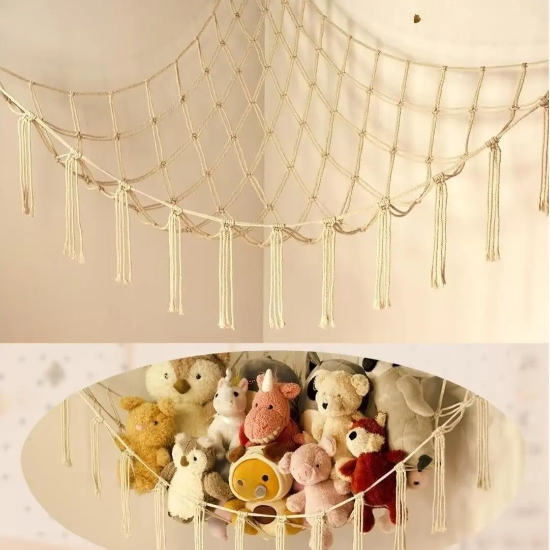 59-Inch Large Durable Synthetic Polyester Stuffed Animal Storage Hammock Net - Hangable Wall-Mount Corner Organizer, Handmade with Tassels, Kid Room Nursery Space Saver Home Accessory Ready To Hang