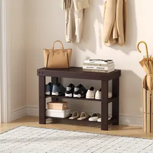 Three-Tier Bamboo Shoe Rack Bench with Sturdy Sitting Surface, Front Door Entrance Organizer with Ample Shoe Storage, Multipurpose Small Bench for Bedroom, Hallway, Living Room, Entryway and Apartment