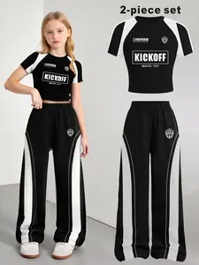 Girls' Clothing Set, Y2K Street Style, Letter Print Long Sleeve T-Shirt, Sporty Wide Leg Pants, Summer for Ages 10-12, Summer Outfits Set