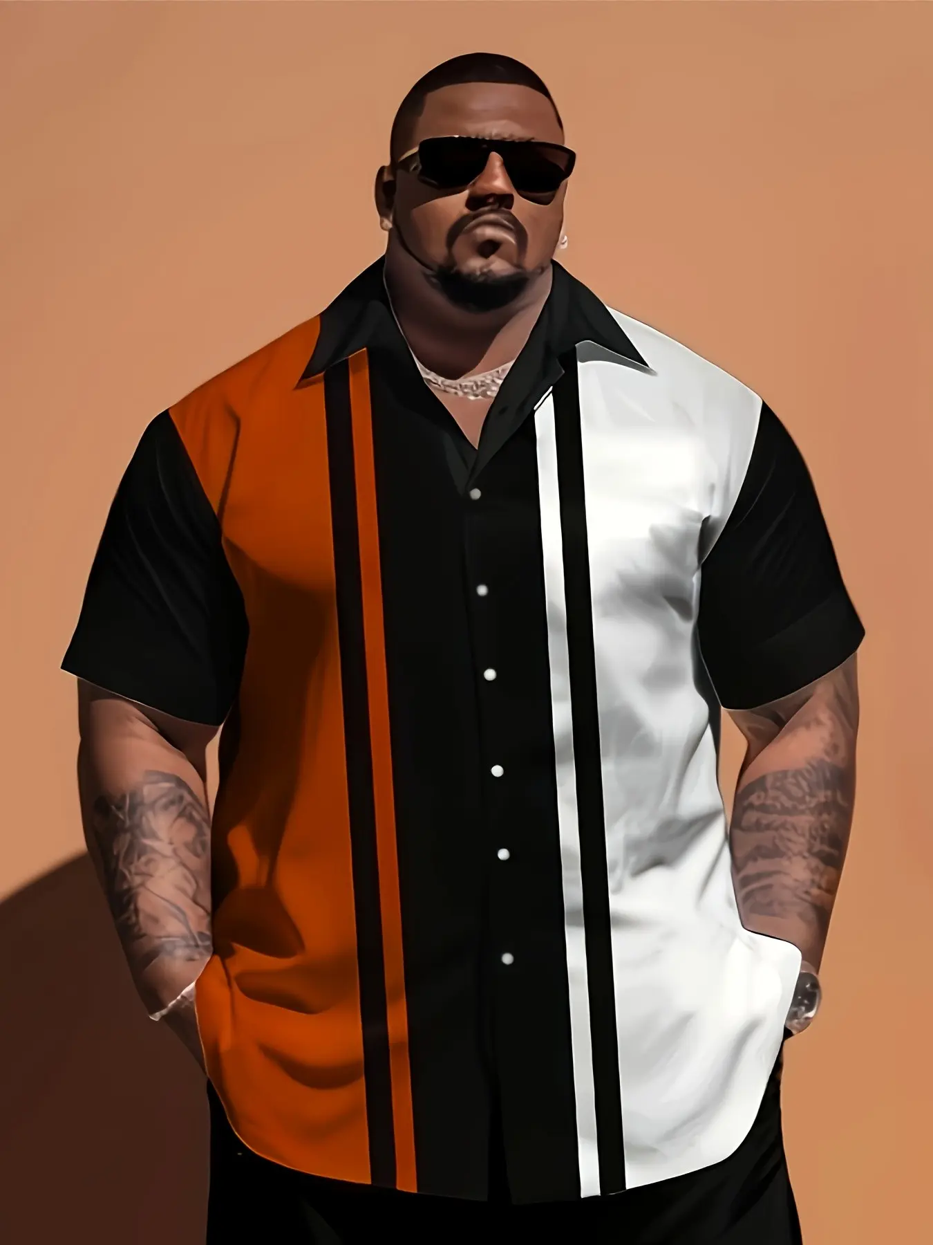 New Men's Colorblock Striped Short-Sleeve Casual Collared Shirt with Vintage Collar, Loose-Fit Asymmetrical Casual Summer Top, Everyday Menswear Shirt for All Seasons