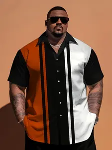 New Men's Colorblock Striped Short Sleeve Shirt, Vintage Collar Design, Loose Fit Casual Top, Asymmetrical Style, Casual Summer Shirt, All Seasons