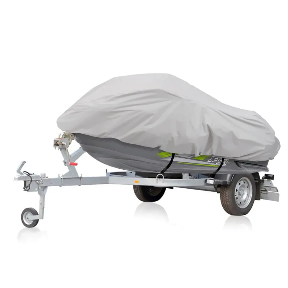 Marine JetSki Dust Cover - Grey, 300D PU Coated Polyester Heavy-Duty Dustproof Waterproof UV Resistant, Form-Fitting with Elastic Cord All Round, Air Vents, Max 102” Universal Fit, Storage Bag Included Boating Accessory