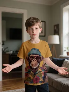 Turmeric trendy floral shirt orangutan T-shirt with digital printing, 100% polyester, fashionable and casual children's clothing, suitable for boys' daily outings and outdoor sports, a perfect gift for boys