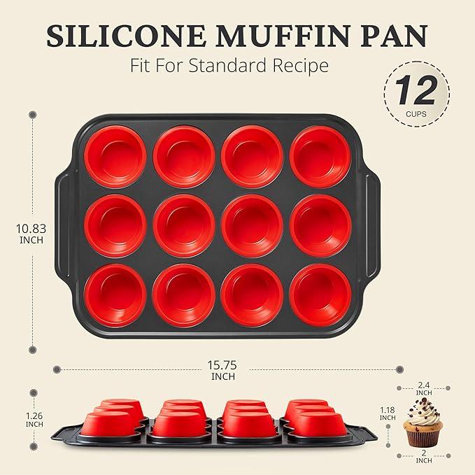 [BF&CM]BRONYPRO Silicone Molds Muffin Pan with Metal Frame, Nonstick 12-Cup Cupcake Pans,Easy to Pop Non-Toxic Bakeware for Oven,Cookware, Kitchen Food