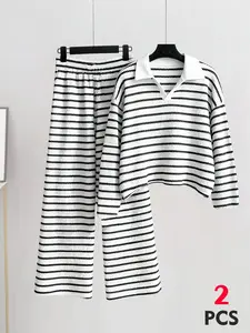 Women's  two-piece loose striped V-neck long-sleeved T-shirt and elastic waistband striped trousers, casual striped matching set, spring-early season outfit, Everyday