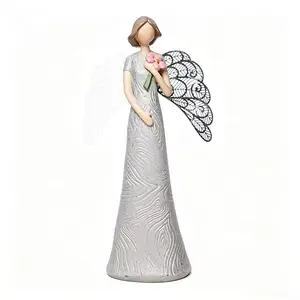 Hand-Painted Angel Figurine with Metal Wings, Resin Angel Holding Flower, Sentimental Home Decor Gift ️