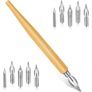 11 count Comic Pen Nib Set, Oblique Calligraphy Dip Pen Set Fluid Writer Pen, Wooden Drawing Pen Holder with 10 count Stainless Steel Pen Replacement Nibs Nib for Writing, Painting, Signing, Sketch