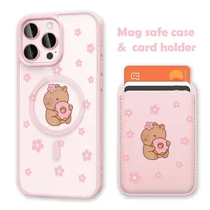 Flower Capybara Pink Clear MagSafe Compatible Phone Case & Card Holder Wallet Magnetic Shockproof Cover for iPhone 17 /16 Pro Max Cases for Samsung S25 Black