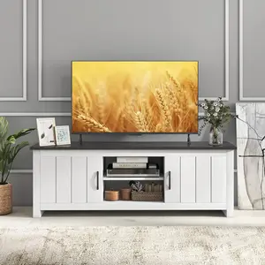 Tangkula 2 Doors TV Stand for TVs up to 65", 57" TV Console Table w/ 2 Cabinets & Open Shelves, Media Entertainment Center w/ 2 Cable Management Holes, Wood TV Cabinet for Living Room (Dark Brown)