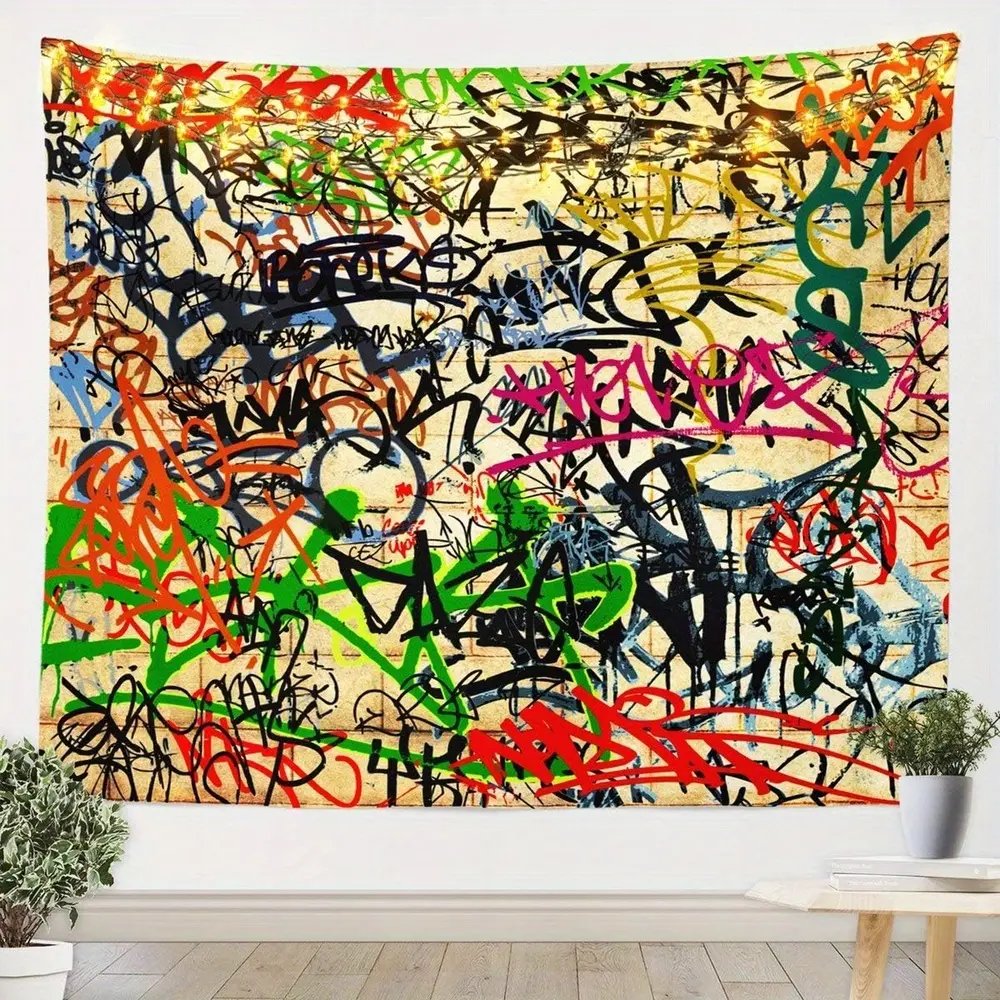 1pc Manfei Graffiti Print Tapestry - Vibrant Vintage Street Art Hip Hop Wall Hanging, Bold Colors, Expressive Animal Designs, Machine Washable Microfiber Polyester Fabric for Modern Bedroom, Living Room Home Decor