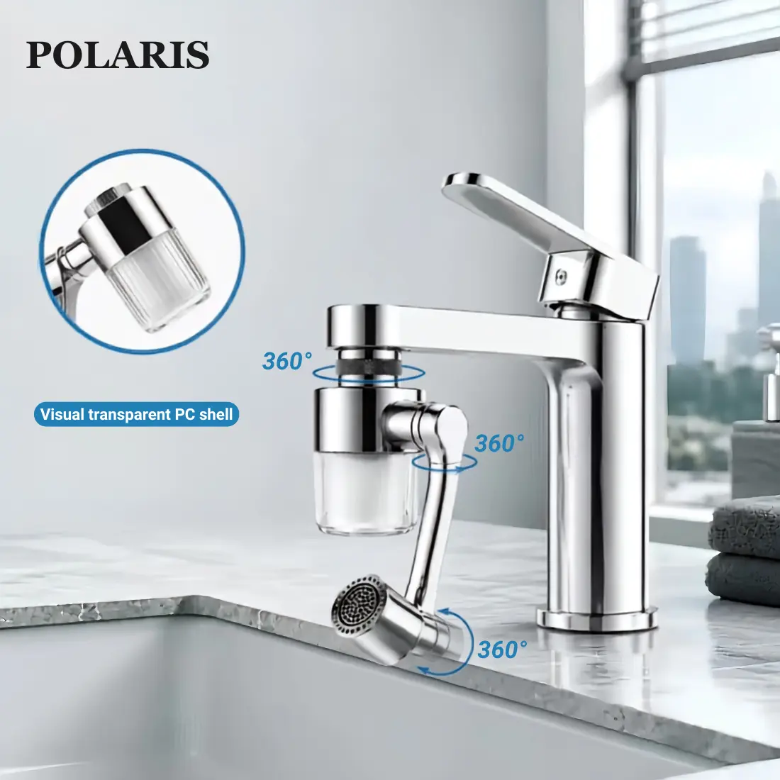 POLARIS 1440° Adjustable Angle Rotatable Faucet Aerator Extension, Pressurized Water Dual Sprayer Mode, All-Angle Control Tap Head Replacement with 4 Cartridges, Universal Adapter Kit for Bathroom Kitchen Hair Washing Eye Care
