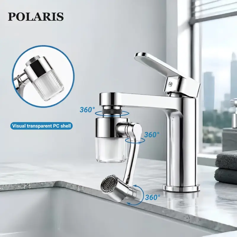 POLARIS Brass & ABS Kitchen Faucet Aerator Extension, 1440° Rotate Foldable Extension Arm, High-Pressure Water, Built-In Ball Joint, 3-Layer Micron Filter, Dual Outlet Modes, 4 Cartridges, Universal Adapter Kit for Bathroom Hair Washing, Eye Care