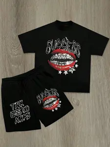 Men's Letter Print Short Sleeve Tee & Shorts Two-Piece Set, Regular Fit Casual Round Neck T-shirt & Shorts, Men's Summer Clothes for Daily Wear