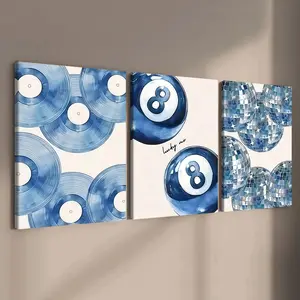 3-Pack Wooden Frame Canvas Posters, Retro Blue Vinyl Records & Pool Ball Decor, Modern Art for Living Room, Bedroom, Office, Waterproof, Gift