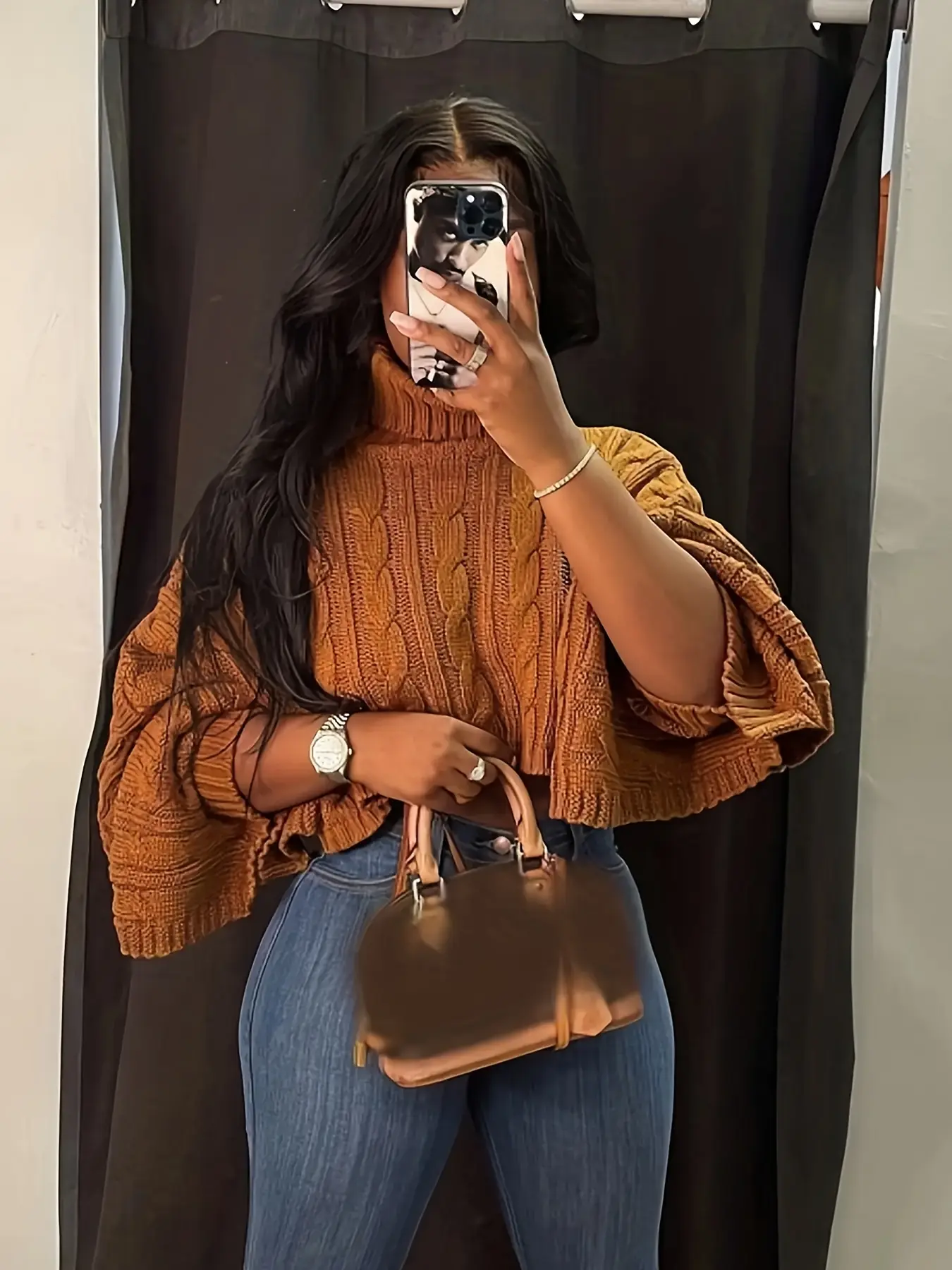 Women's 6915 Cable-Knit Crop Sweater - Turtleneck, Irregular Flare Sleeves, Asymmetrical Hem, Loose-Fit Polyester Knit, Short Length, All Seasons Casual Pullover Top, Brown Elegant Fashion Outfit