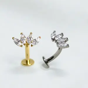 Gorgeous Marquise Cut Belly Button Ring Threadless Push Pin Top Premium Quality Titanium Piercing 14g Barbell 3/8" Length Gold Silver Colors