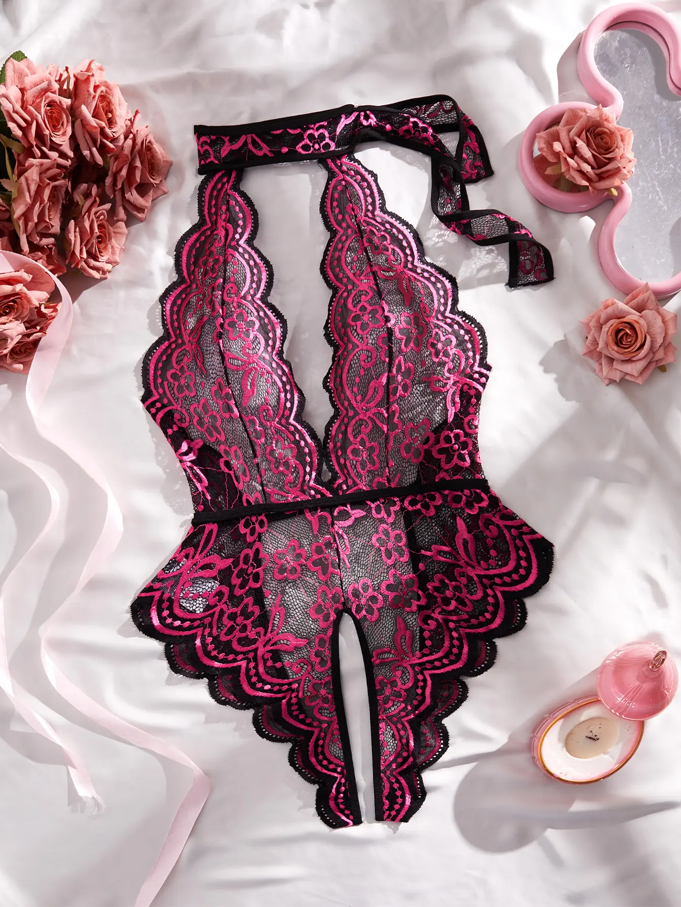 AESKEIA Women's Floral Lace Halter Teddy Bodysuit, Deep V Backless One Piece Lingerie（S-4XL）