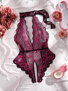 AESKEIA Women's Elegant Halter Neck Lingerie Bodysuit with Floral Lace, Deep V Plunge and Backless Design