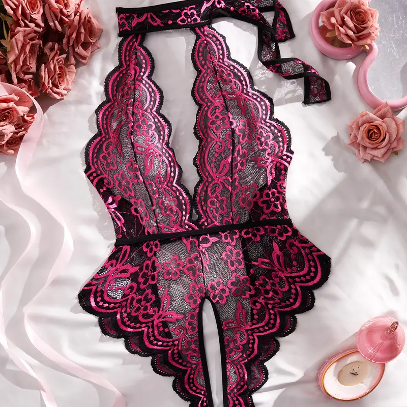 AESKEIA Women's Aesthetic Floral Lace Halter Teddy Bodysuit - Elegant Deep V Backless Everyday Lingerie with Perfect Fit, S-4XL Style