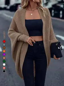 Women's Ribbed Knit Batwing Cardigan - Oversized Open Front Sweater Coat - Soft Chunky Texture Mid-Length Outerwear for Spring Fall Winter