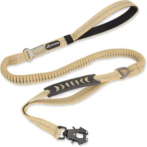 Heavy Duty Tactical Dog Leash, 4-6FT Shock Absorbing with 2 Padded Handles, Metal Carabiner Clip, Car Seatbelt, Reflective Leashes for Medium Large Dogs (Brown)