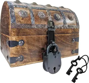 Pirate's Treasure Chest (8" x 6" x 6") Wooden Nautical Jewelry Box with Functional Lock and 2 Keys, Wood with Iron Accents, Hinged Lid
