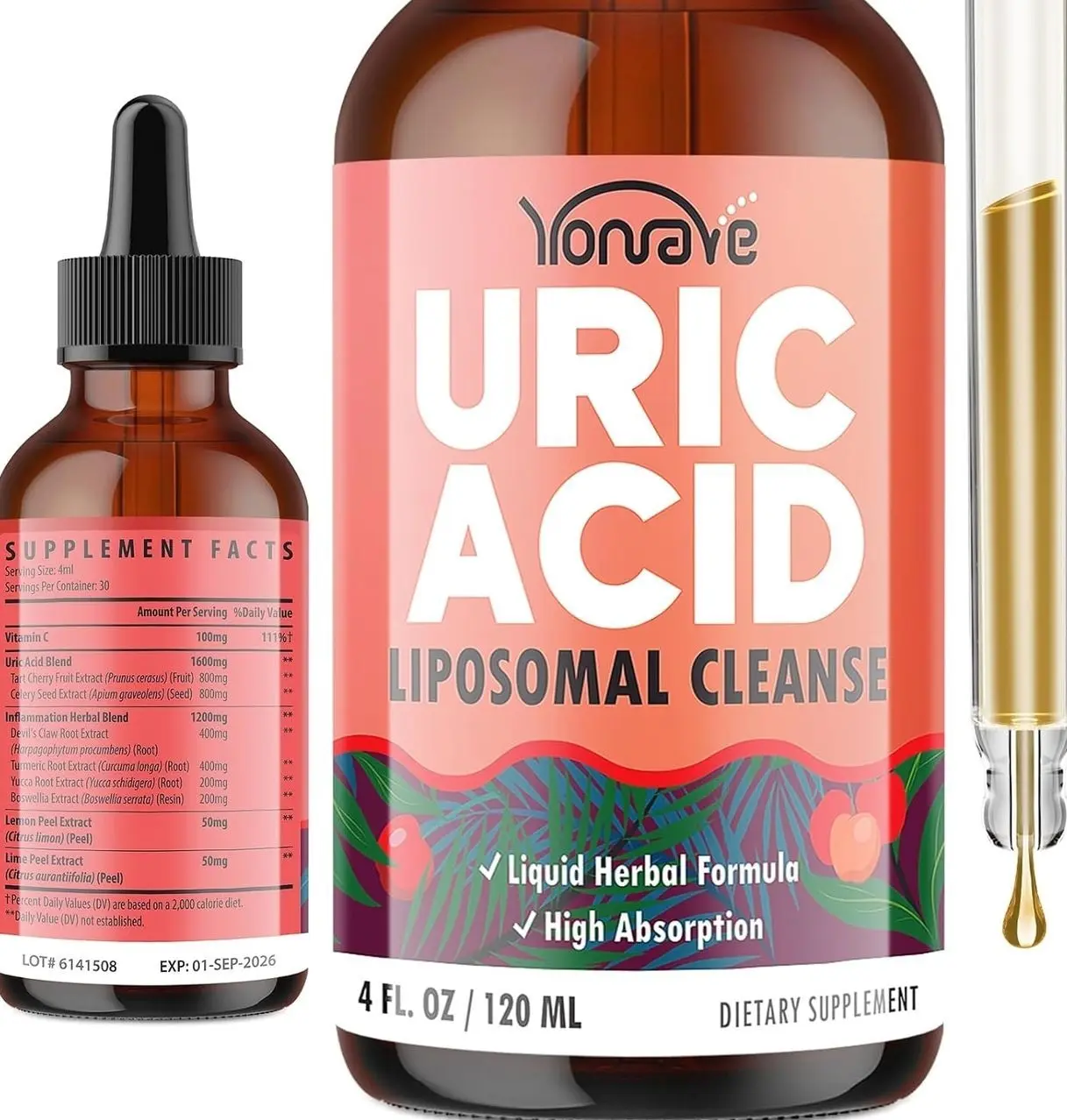 Liposomal Uric Acid Drops, Tart Cherry Supplement with Celery Seed & Boswellia Extract – Muscle, Detox, Joint and Kidney, Uric Acid Cleanse Liquid Supplement– 4 FL OZ (1 Bottle)
